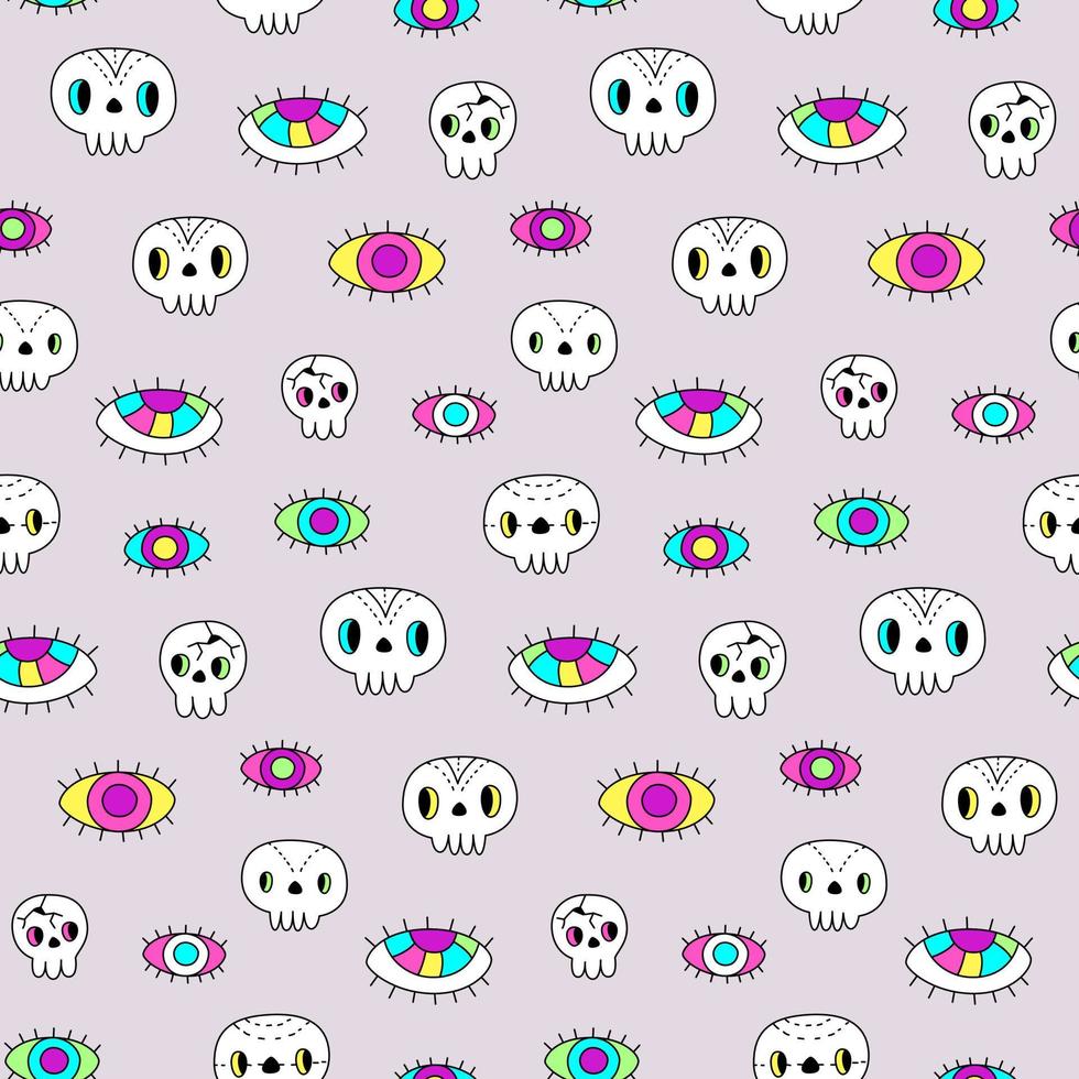 Seamless pattern cartoon cute skulls and all seeing eyes hippie halloween retro style. For fabric, textile, wallpaper, wrapping paper. vector