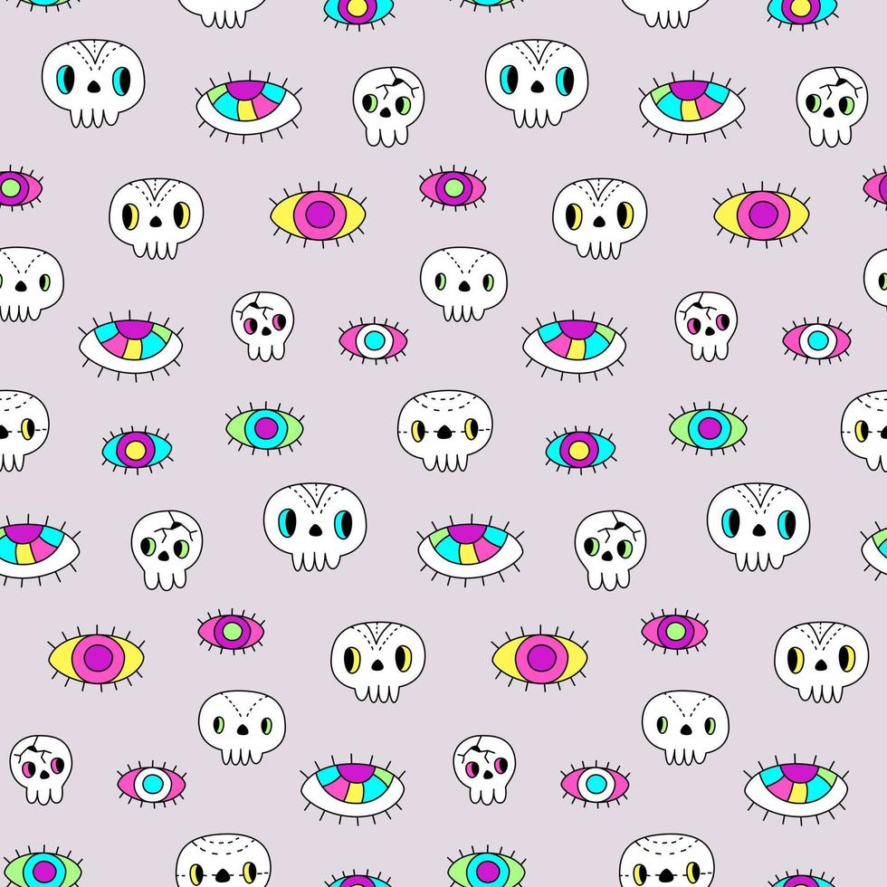 Seamless pattern cartoon cute skulls and all seeing eyes hippie halloween retro style. For fabric, textile, wallpaper, wrapping paper. vector