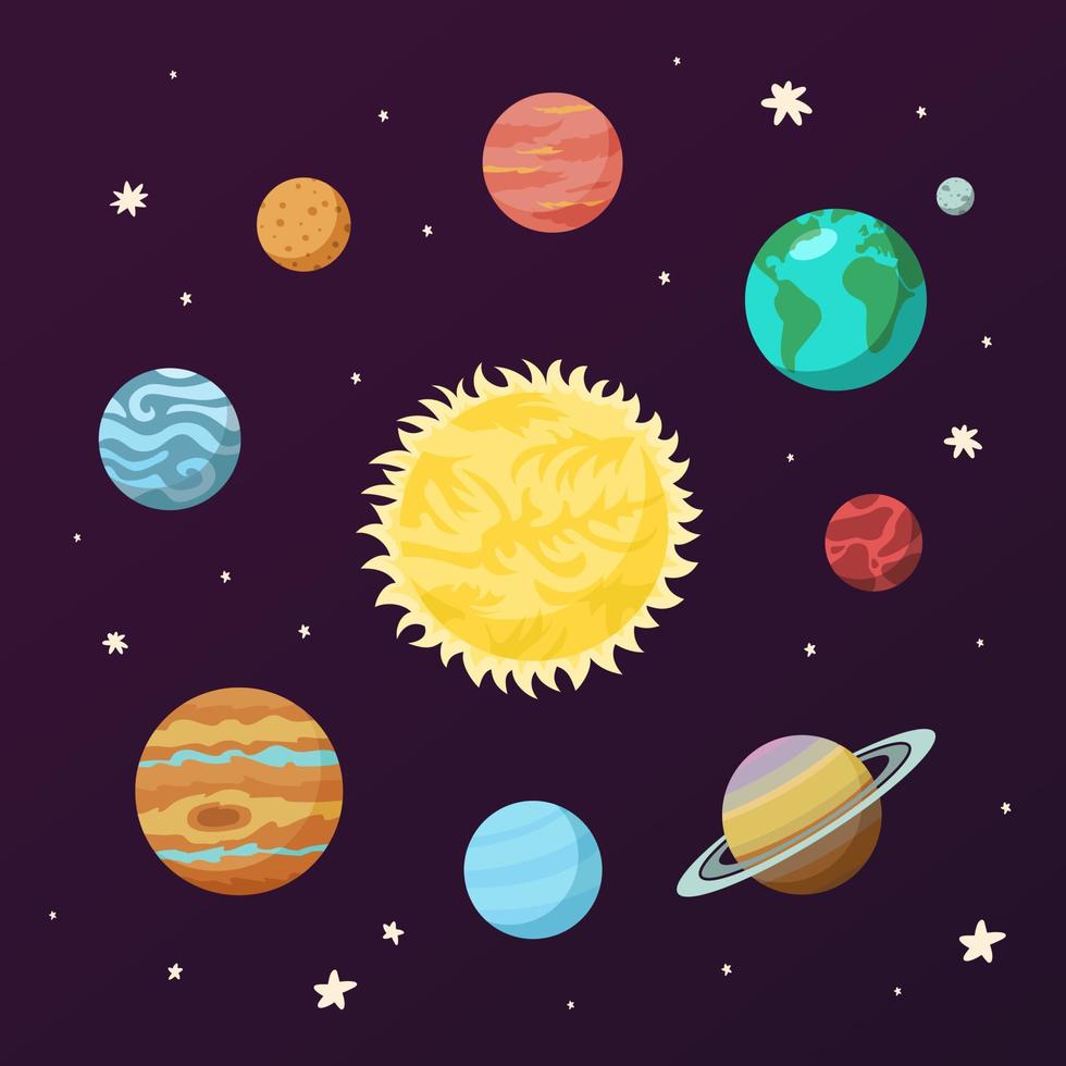 Colorful poster solar system planets. Astronomy education and science banner for kids learning. vector