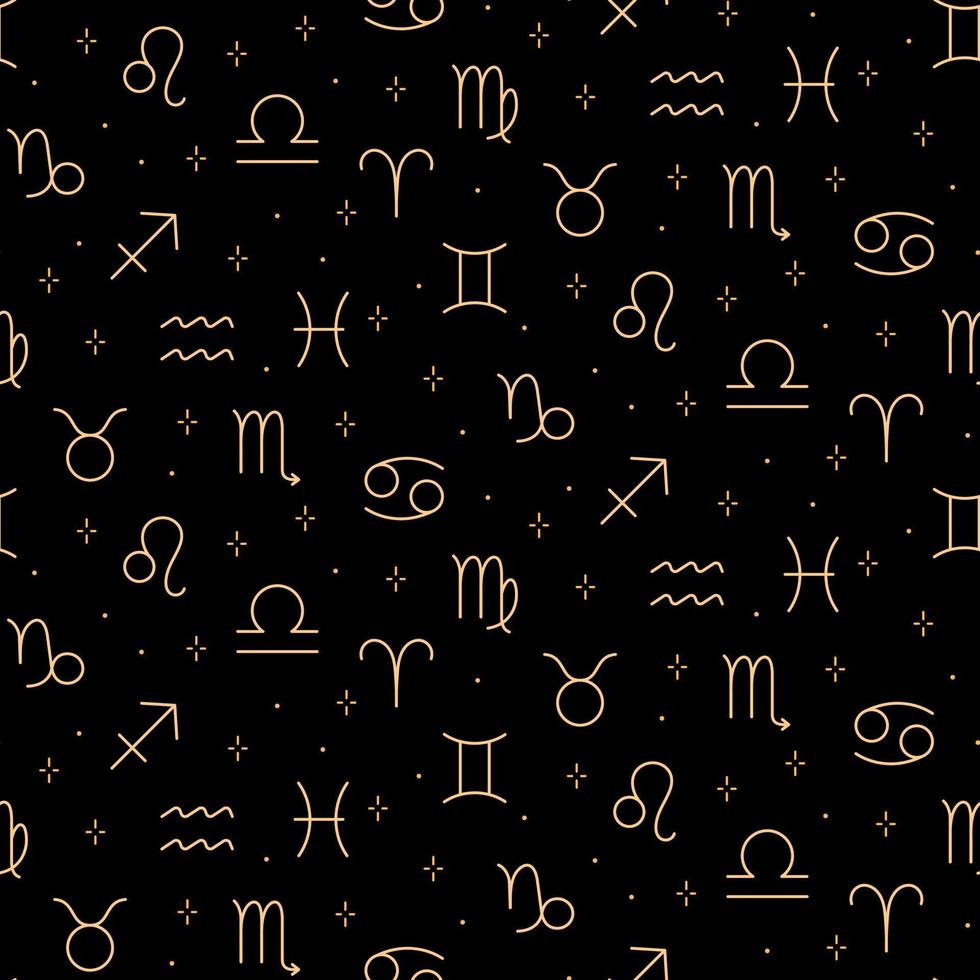 patrón sin costuras de astrología con estrellas y cantos del zodiaco dorado. fondo del espacio de los símbolos del horóscopo. vector