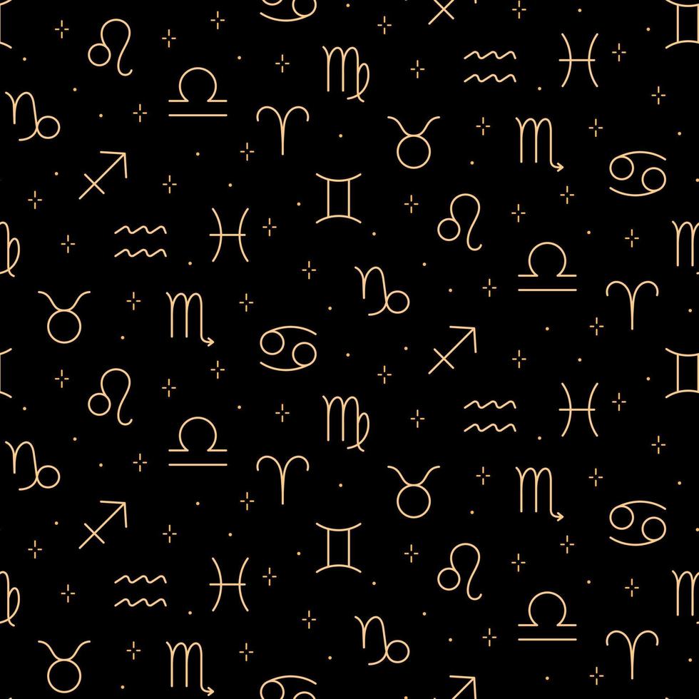 Astrology seamless pattern with gold zodiac sings and stars. Horoscope symbols space background. vector