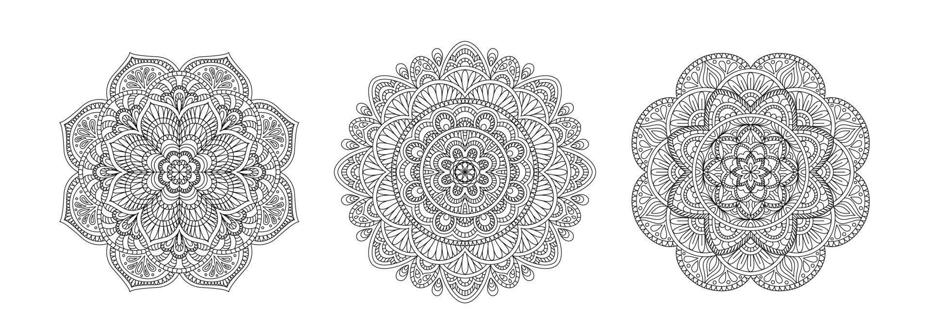 Set round mandalas henna mehndi tattoo, decoration. Outline ornament in ethnic Arabic, Indian, moroccan,spain, turkish, pakistan, chinese, mystic, ottoman oriental style. For print coloring book page vector