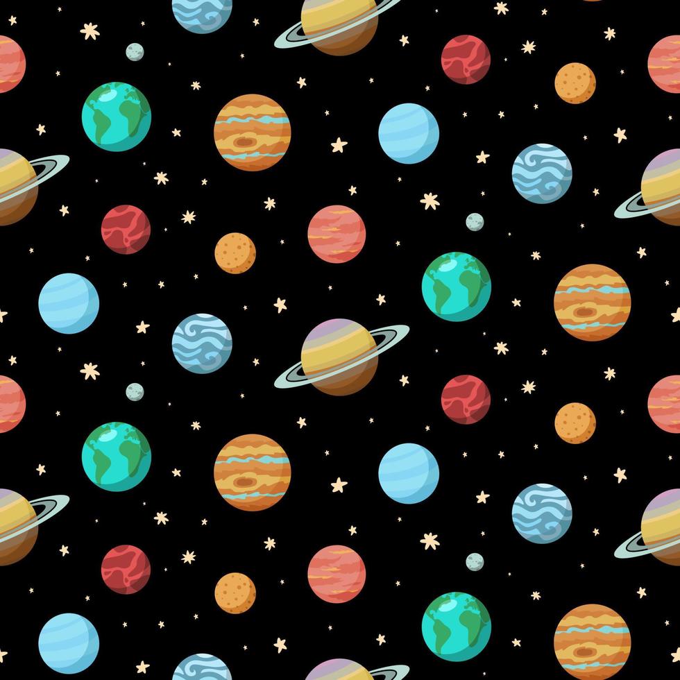 Solar System Planets Space Seamless Pattern. Backgroung for package, social media, textile, wallpaper, wrapping paper vector