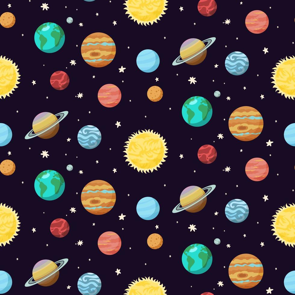 Solar System Planets Space Seamless Pattern. Backgroung for package, social media, textile, wallpaper, wrapping paper vector