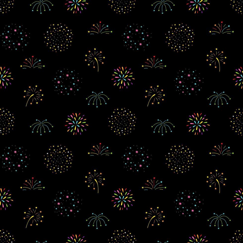 Seamless pattern fireworks on dark background. New year wrapping paper, banners, web design, scrapbooking and textile vector