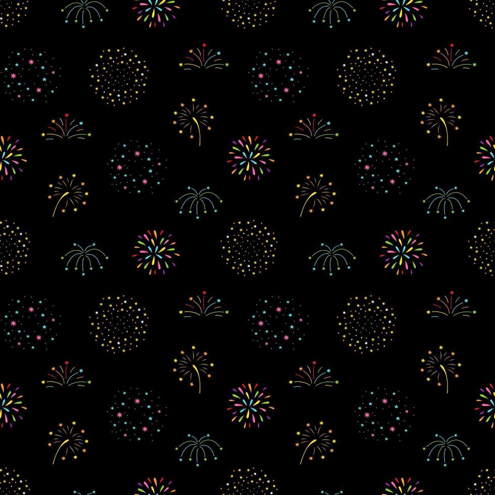 Seamless pattern fireworks on dark background. New year wrapping paper, banners, web design, scrapbooking and textile vector