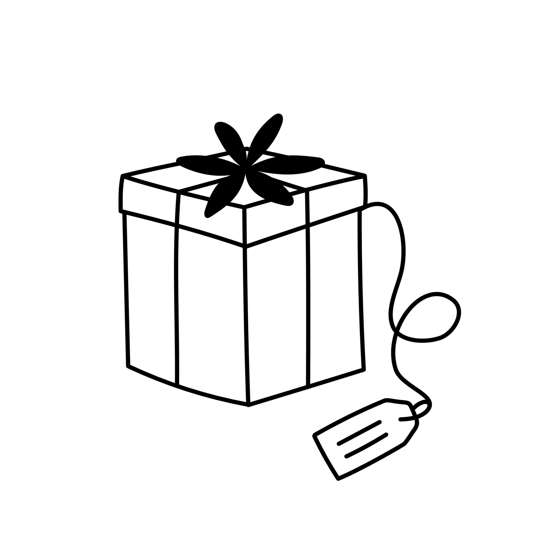 Doodle gift box with bow. Hand drawn present. Graphic design element