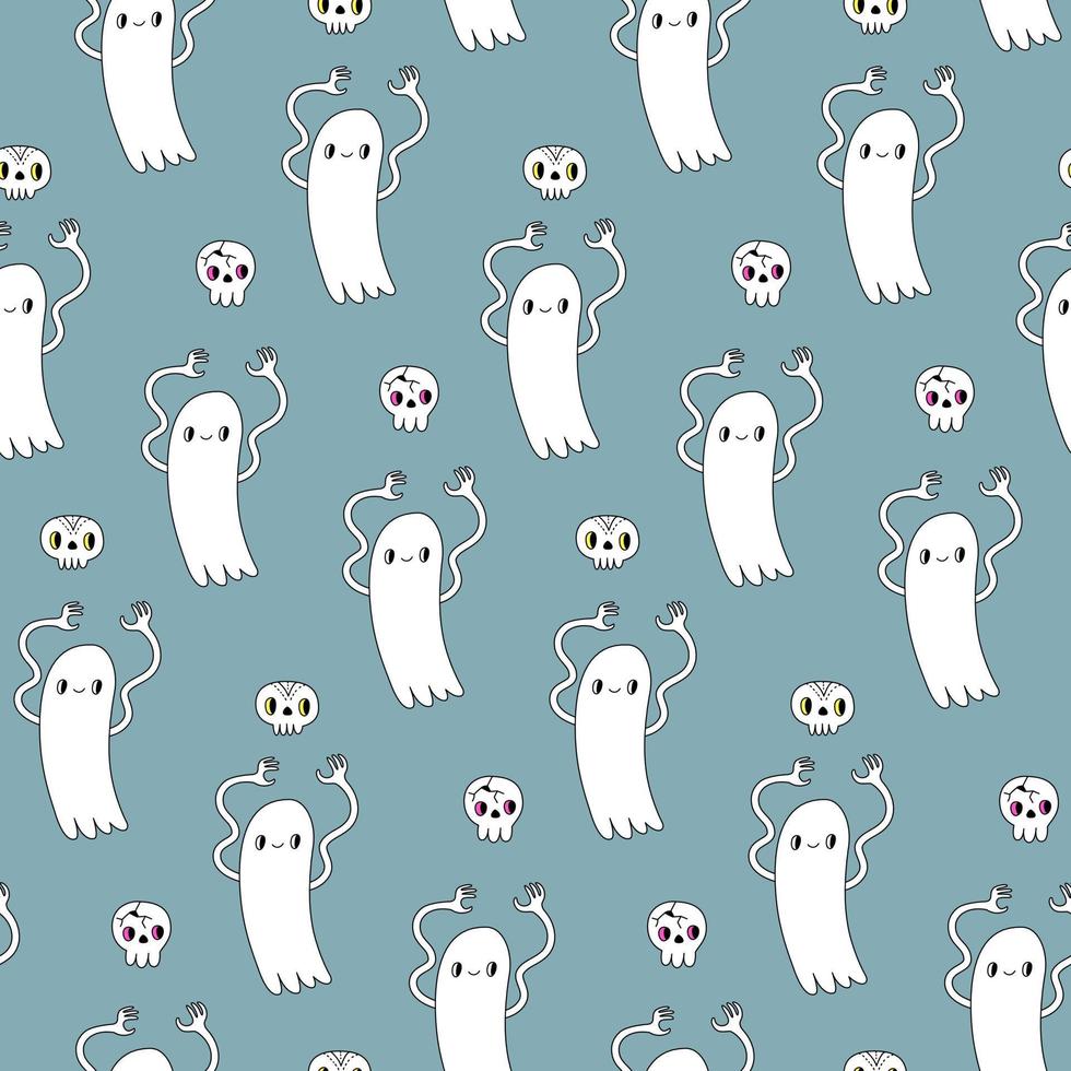 Colorful seamless pattern with groovy ghosts and skulls on blue background. Vintage psychedelic fabric, wrapping and wallpaper vector