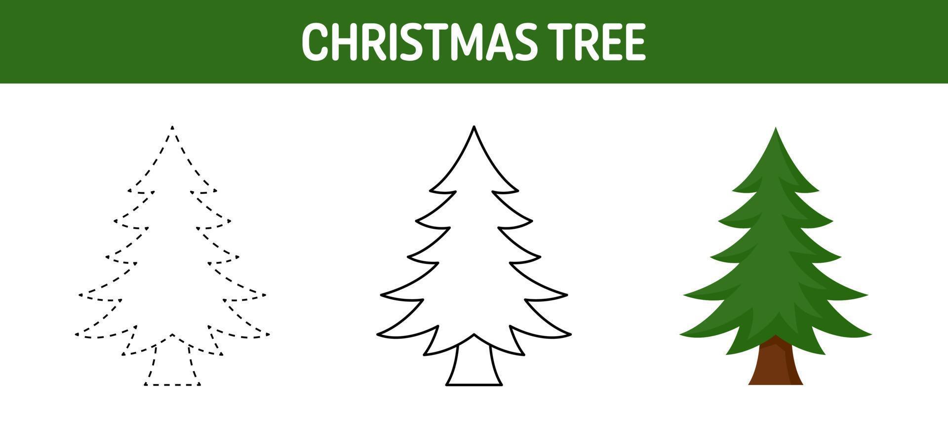 Christmas Tree tracing and coloring worksheet for kids vector