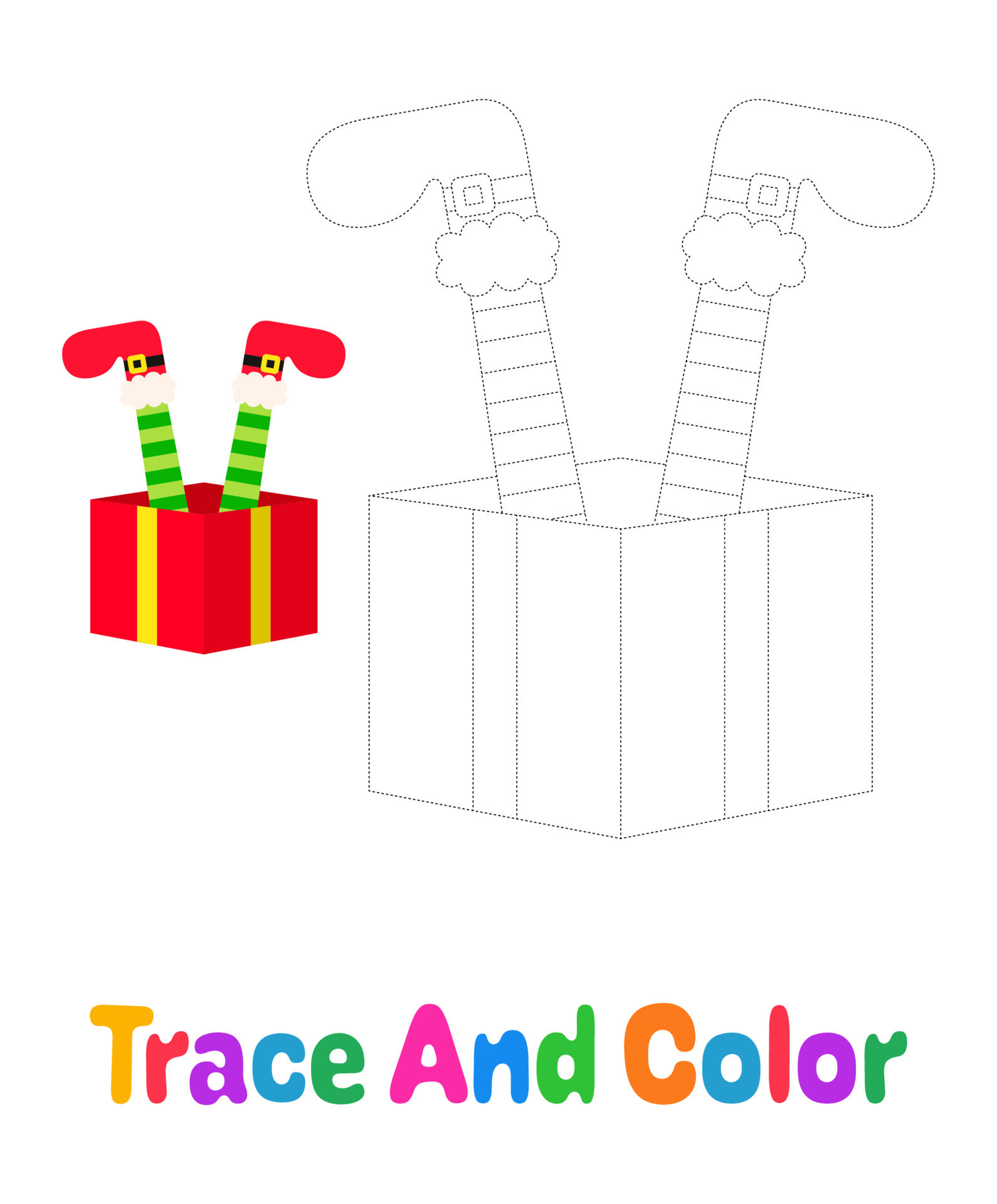 Elf feet with gift box, tracing worksheet for kids 13467764 Vector Art at Vecteezy