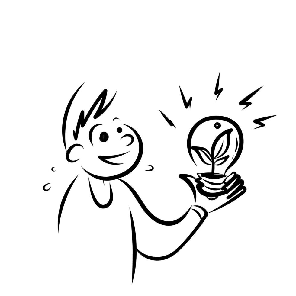 doodle person holding bulb with plant inside hand drawn style vector