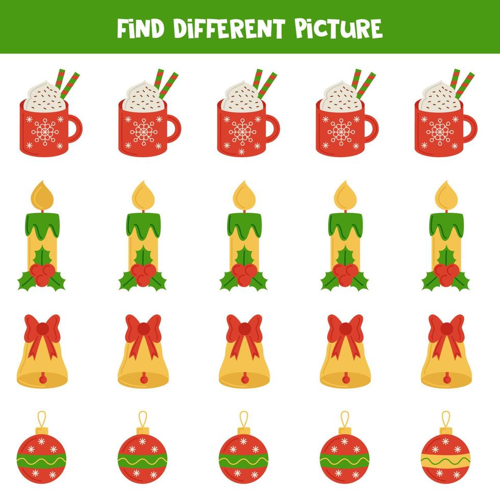 Find Christmas element which is different from others. Worksheet for kids. vector