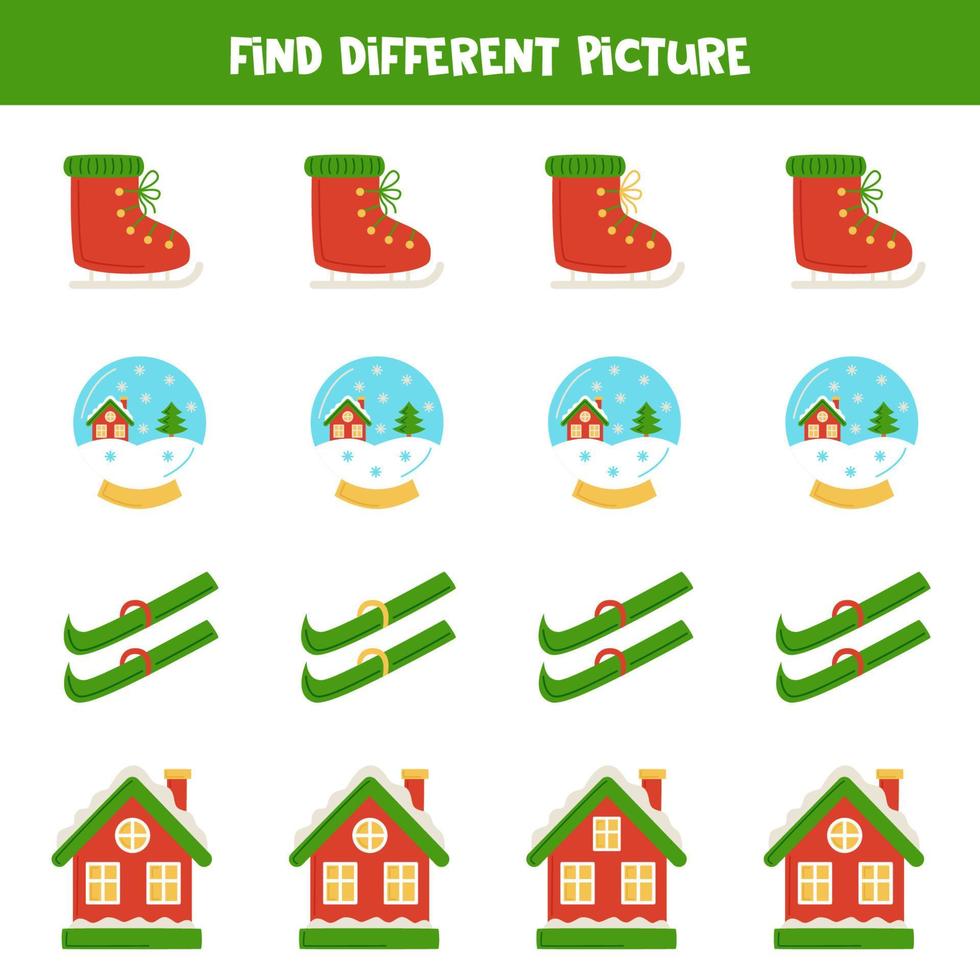 Find Christmas element which is different from others. Worksheet for kids. vector