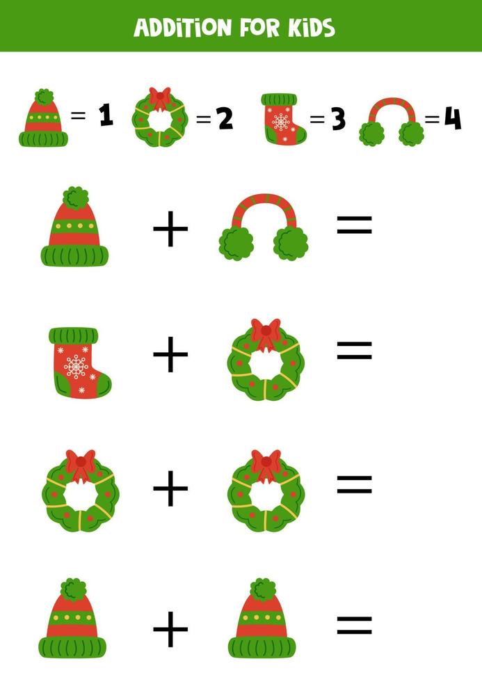 Addition for kids with hand drawn Christmas items. vector