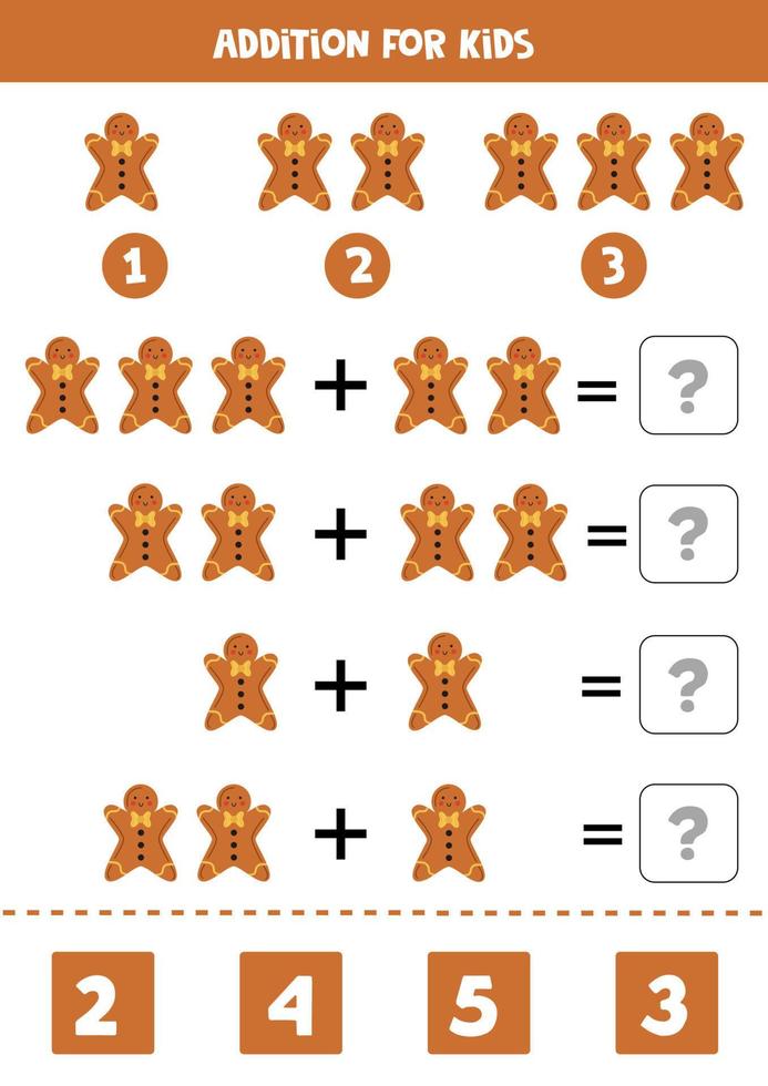 Addition for kids with hand drawn Christmas cookie. vector