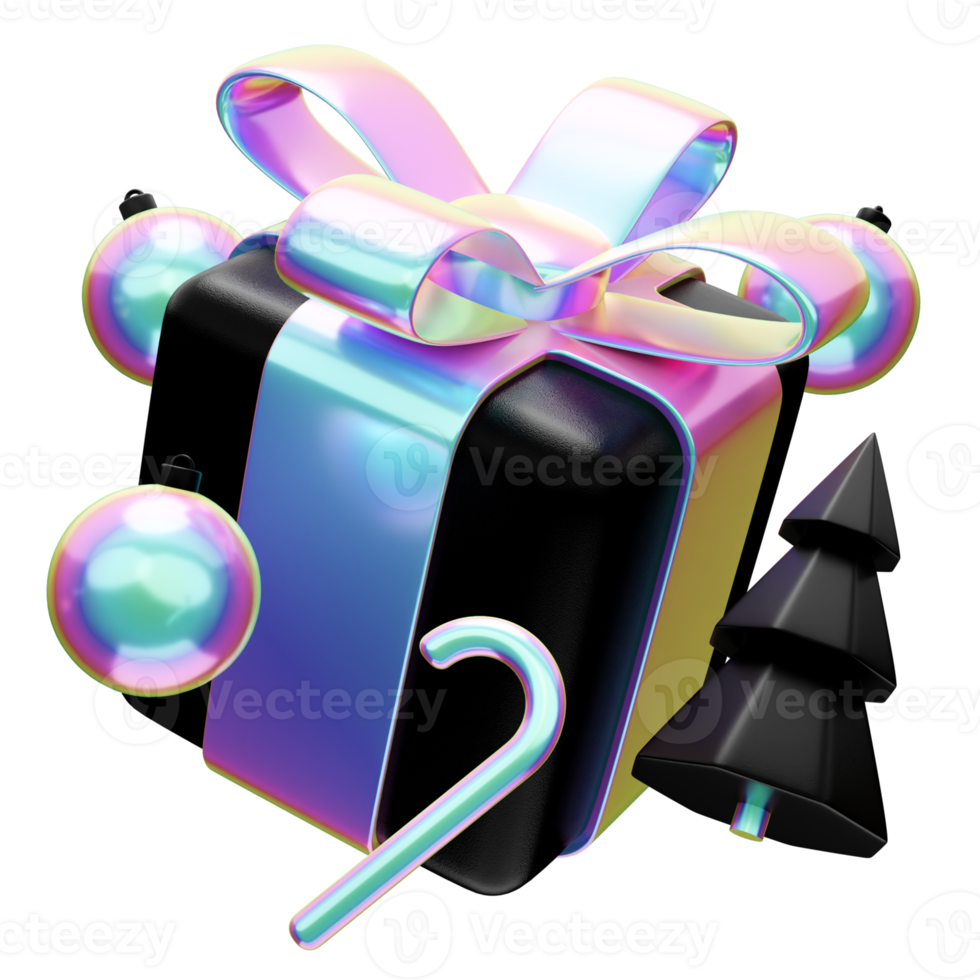 Christmas holographic gift box 3d render concept with ball, tree and candy png