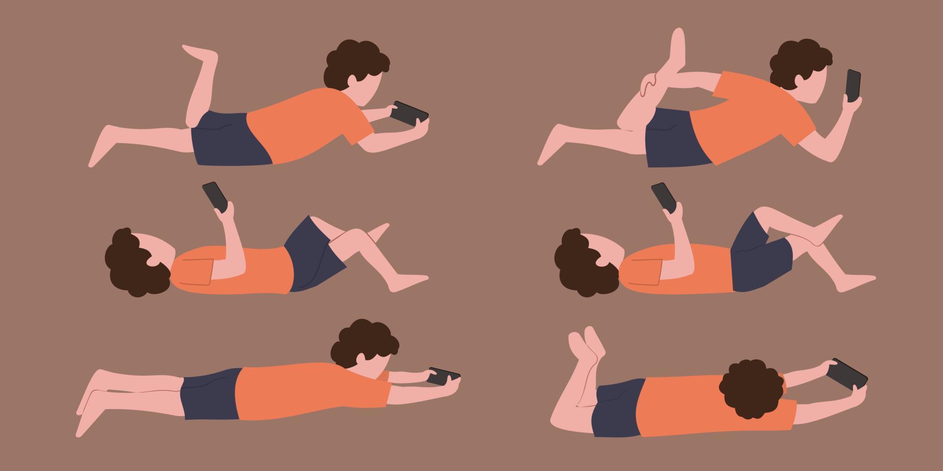children using smartphone in smartphone addiction concept with various poses. Flat design. vector