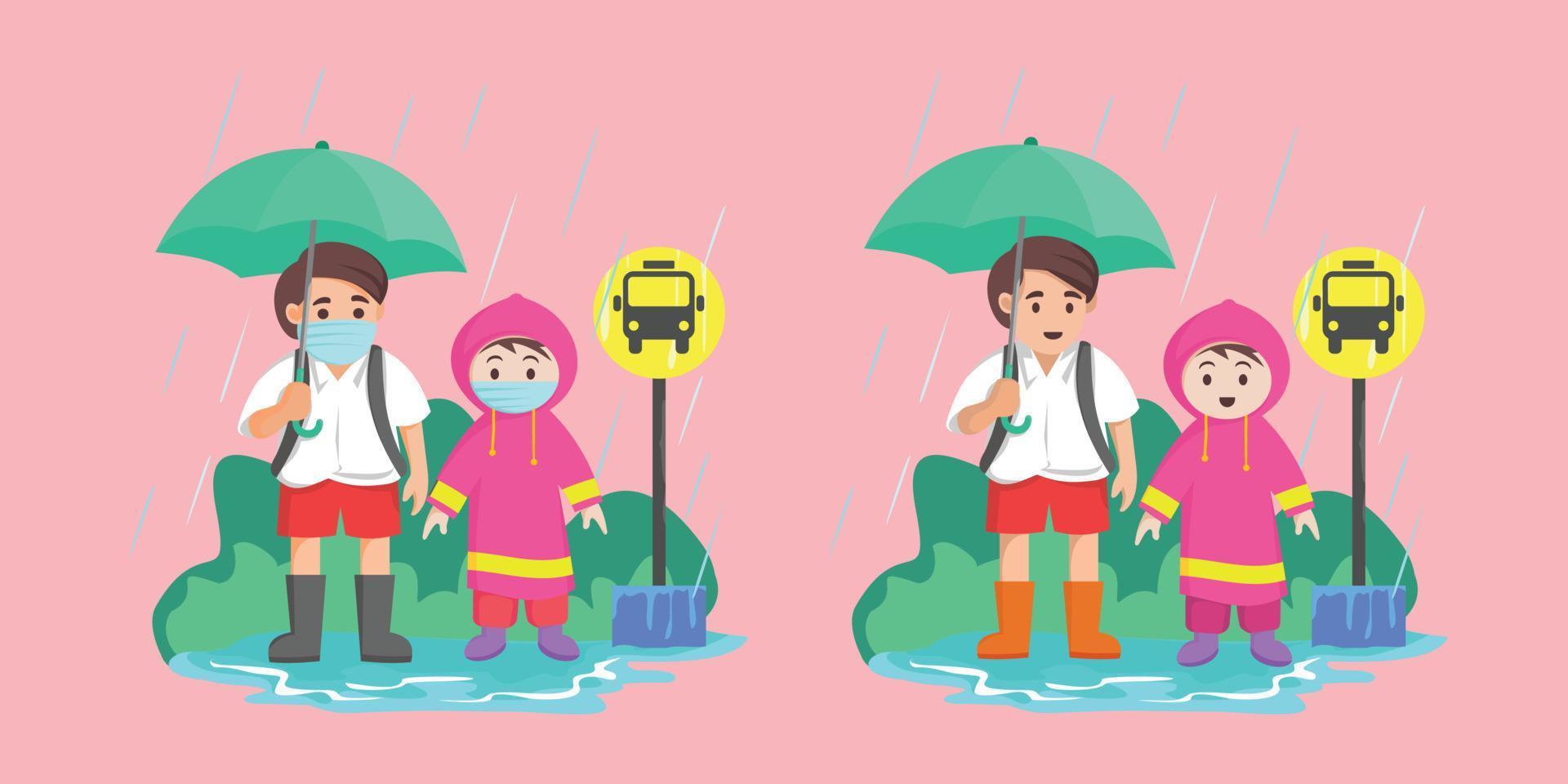 ilustración vectorial de un colegial con paraguas, impermeable y máscara esperando el autobús escolar vector