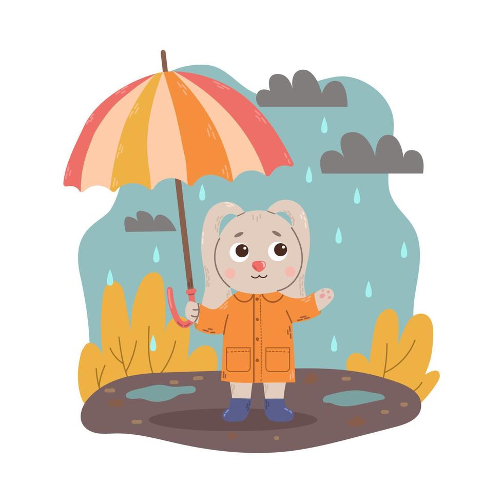 conejo de dibujos animados se para bajo un paraguas durante la lluvia en estilo plano. vector