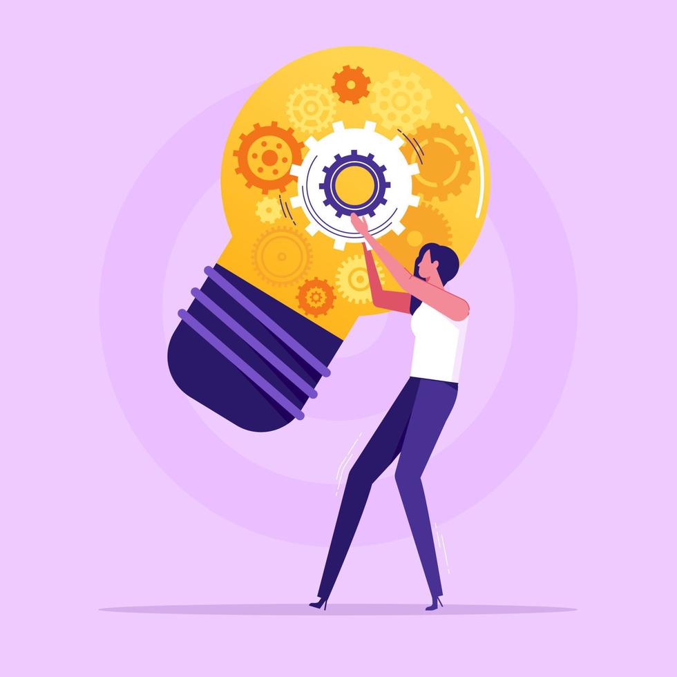 Woman fixing glowing light bulb with gear wheels inside. Concept of innovation, innovative idea, creativity, creative thinking, creation of modern technology, hi-tech, flat vector illustration