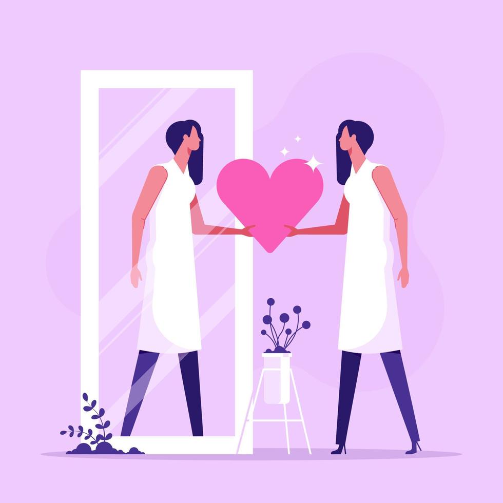 Woman looks at her reflection in mirror, expressing self love and care.  Love yourself. Love your body. I love myself. Body positive concept. Modern  flat cartoon style. Vector illustration 13468678 Vector Art