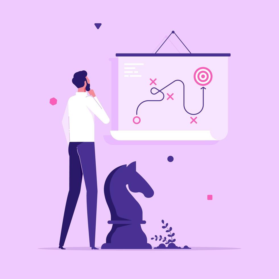 Entrepreneur making presentation, whiteboard with scheme and chess piece. Concept of business tactics or strategy, corporate strategic development plan, flat vector illustration