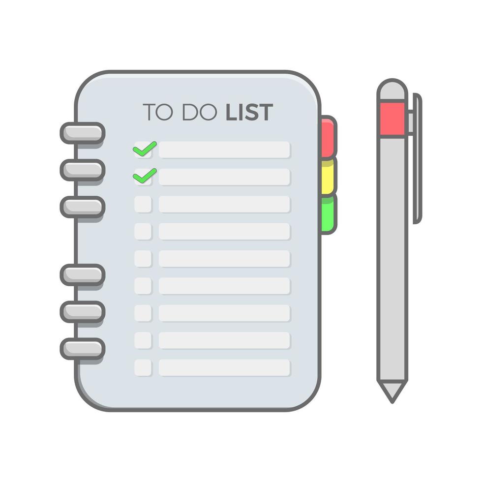 planificador de bloc de notas de hoja de lista de tareas, cuaderno de lista de verificación con bolígrafo. vector