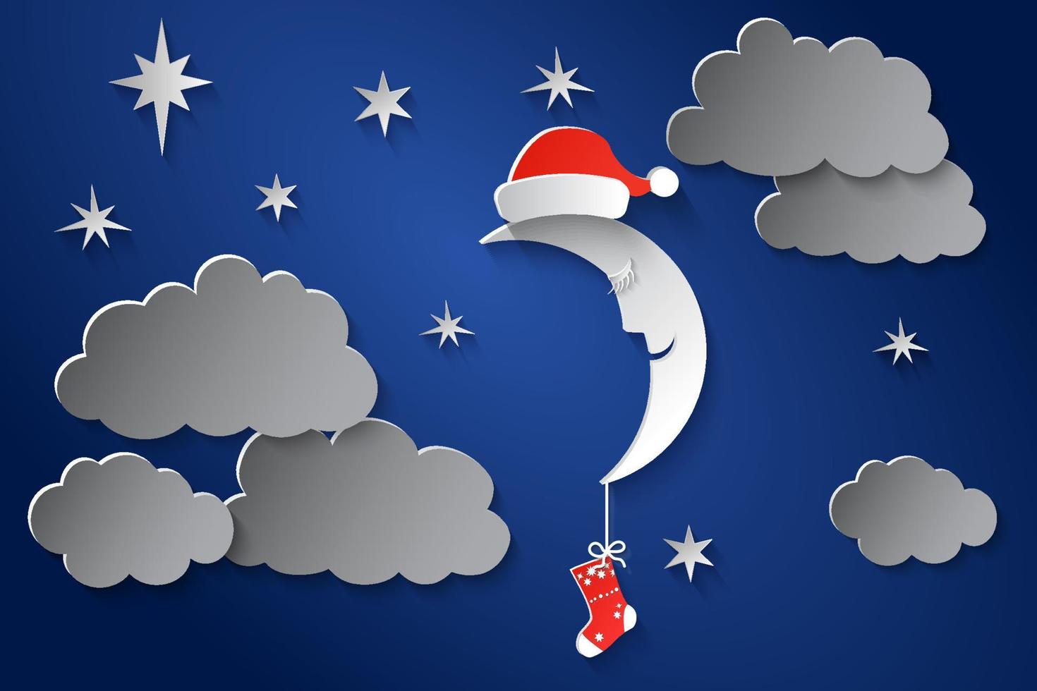 The moon in cap of Santa Claus and with a sock in the night starry sky. Paper art style. EPS10 vector