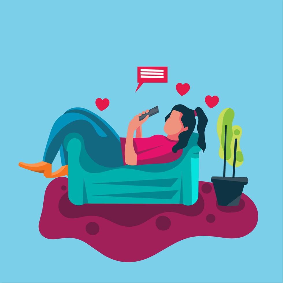 ilustración vectorial, mujer de diseño plano acostada en el sofá con teléfono inteligente vector