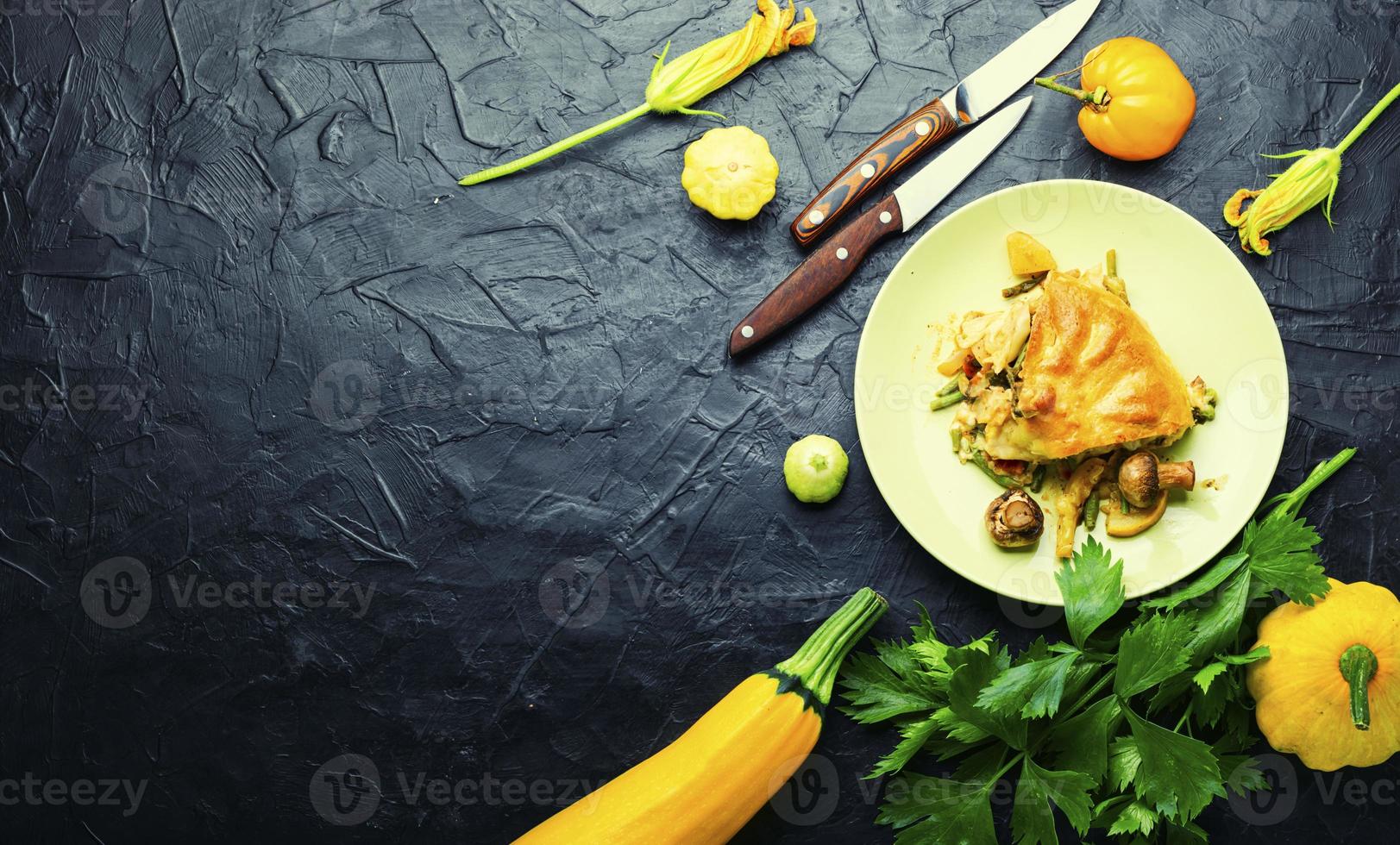 Homemade pie with zucchini and squash,space for text photo