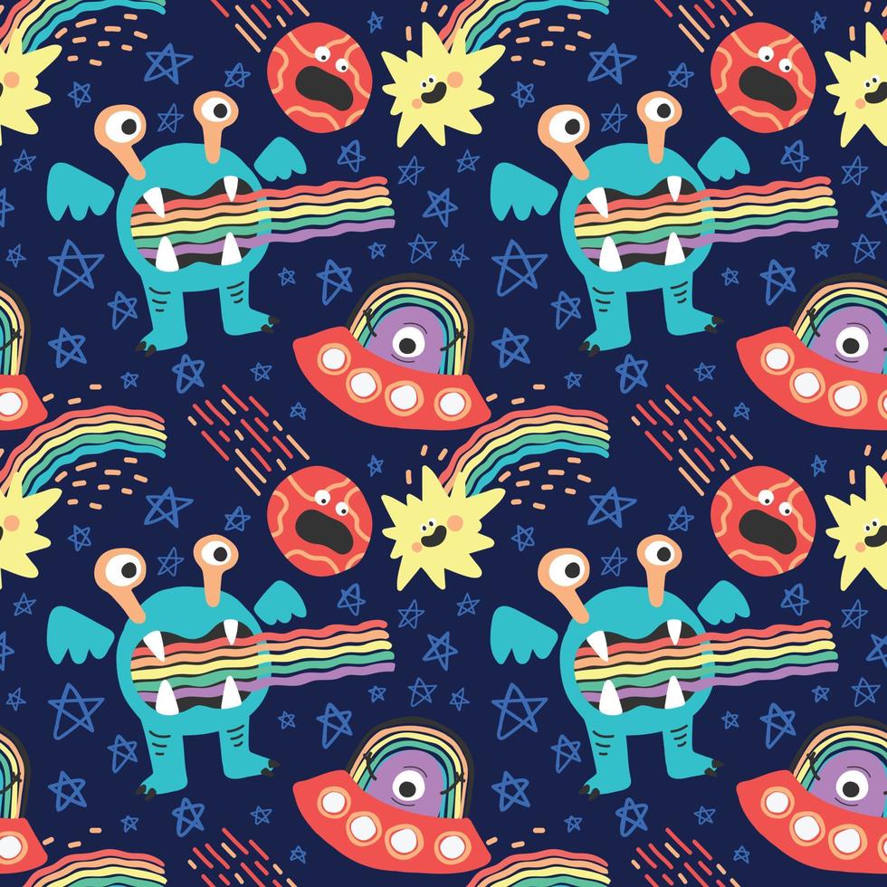 cute character space aliens stars and planets seamless pattern design vector