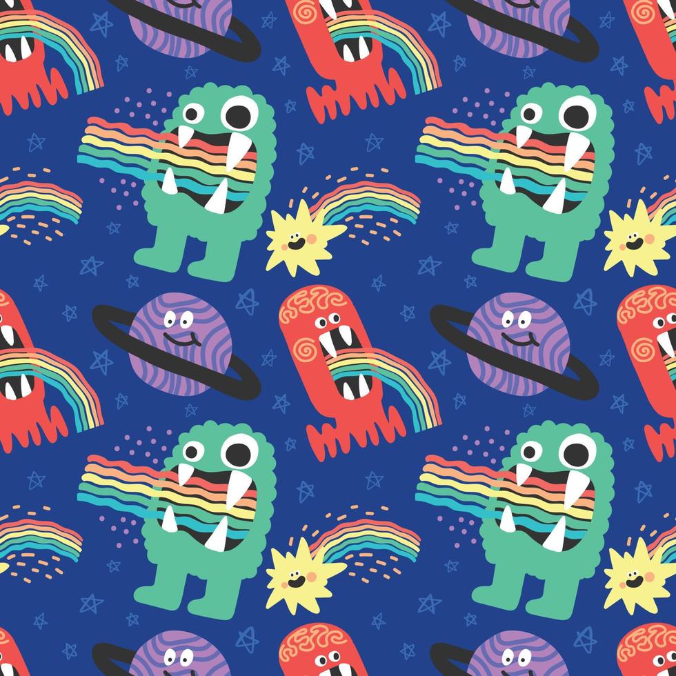 cute character space aliens stars and planets seamless design vector