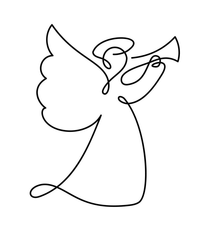 Simple vector Christmas angel with trumpet, continuous line drawing, print for clothes and logo design, emblem or silhouette one single line, isolated abstract illustration