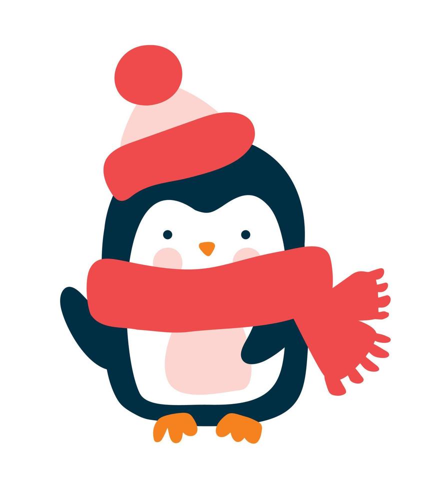 Cute baby vector penguin in knitted red scarf and hat in cartoon style. Isolated on white background flat illustration