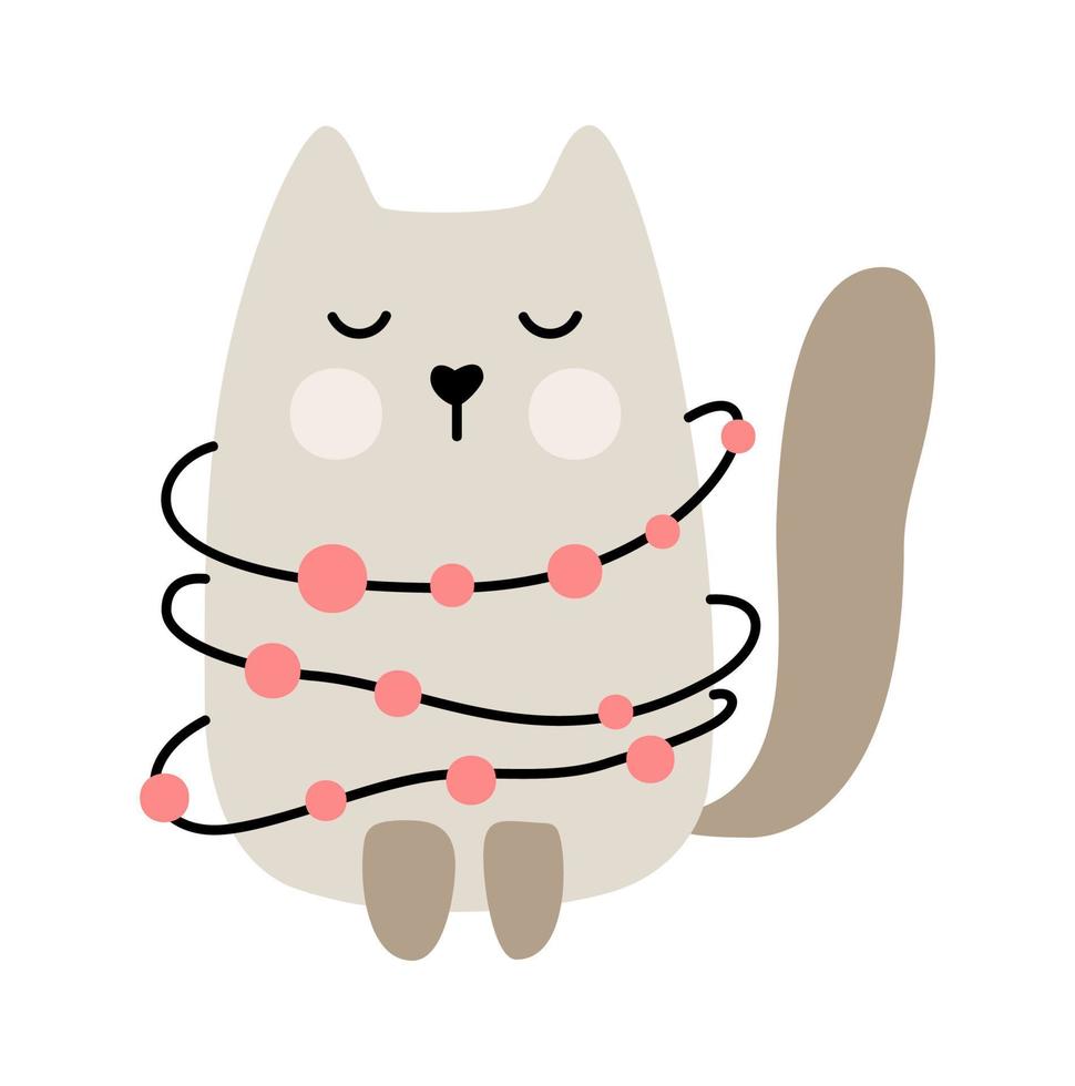 Cute baby cartoon vector cat wrapped in Christmas garland. Color doodle scandinavian style for new year. Graphic resource for graphic, content, banner