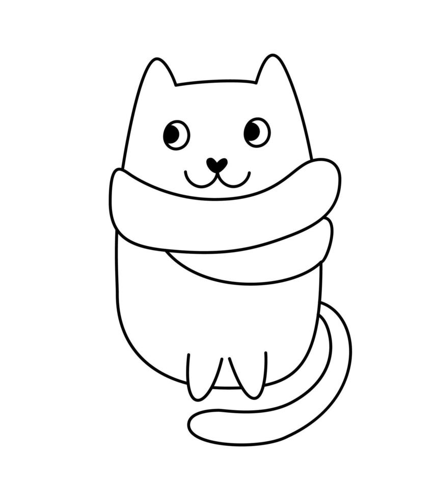 Cute baby Christmas cartoon vector cat wrapped in scarf. Black and white lines. Doodle scandinavian style for new year. Graphic resource for graphic, content, banner, sticker