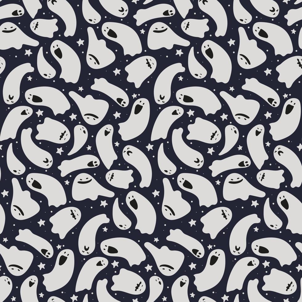 Background of ghosts in the sky with stars, Mini. Seamless pattern with flying ghosts. Suitable for printing on textiles and paper. Themed gift wrapping, notebook cover. vector