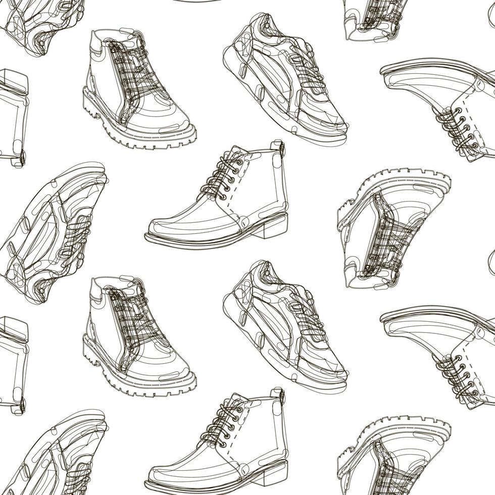 Seamless background with painted men's shoes. Graphic illustration with a dark line on a white background. Suitable for gift wrapping, advertising, banners, discount products for stores. vector