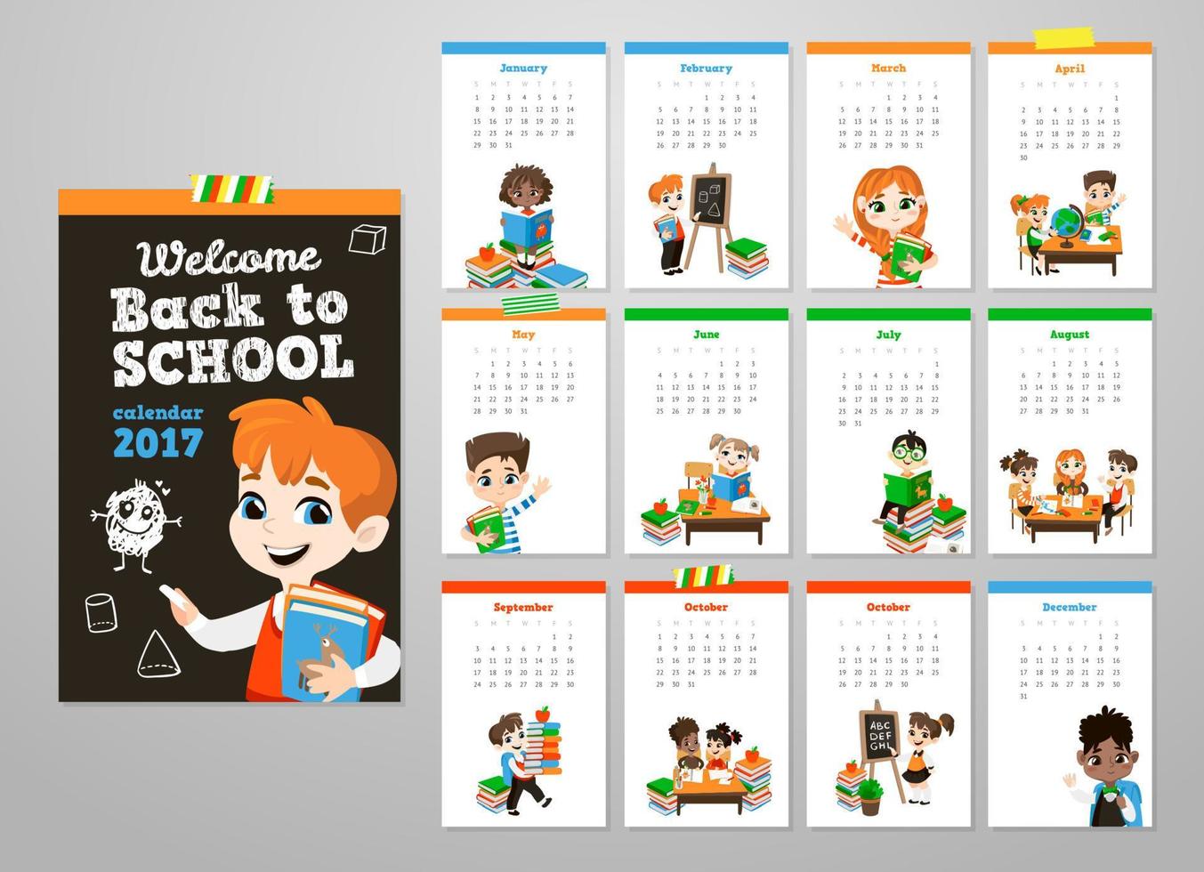 Back to school printable set with pupils. vector