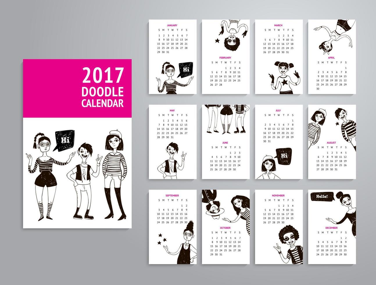 Calendar 2017 with doodle women. vector