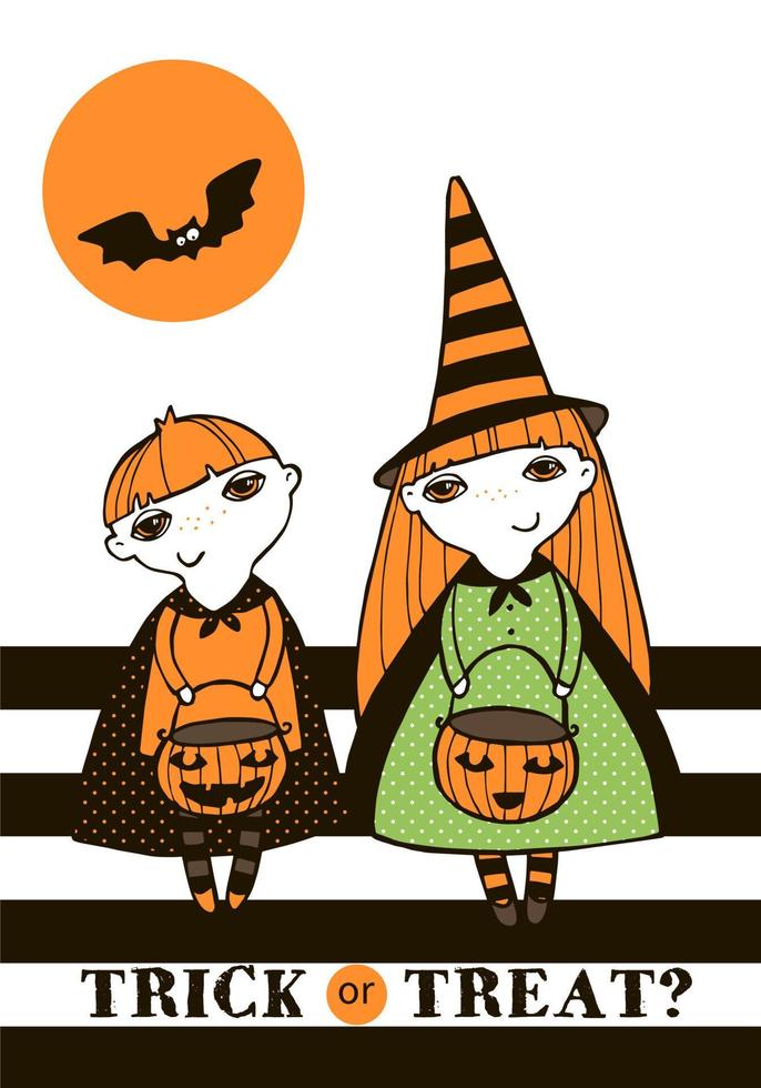 Halloween vector illustration with kids.