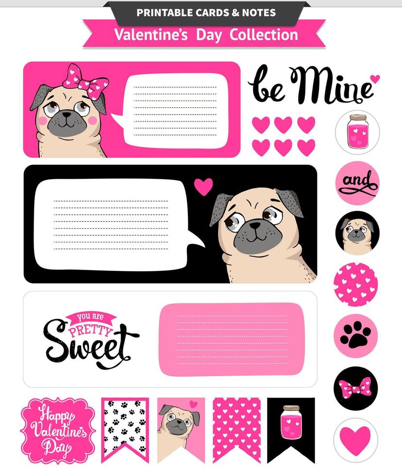 Valentines day printable set wih funny pugs. vector