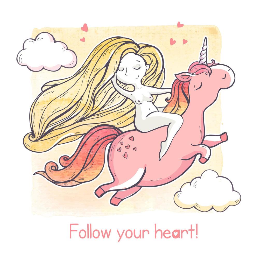 Girl and cartoon magic unicorn. vector