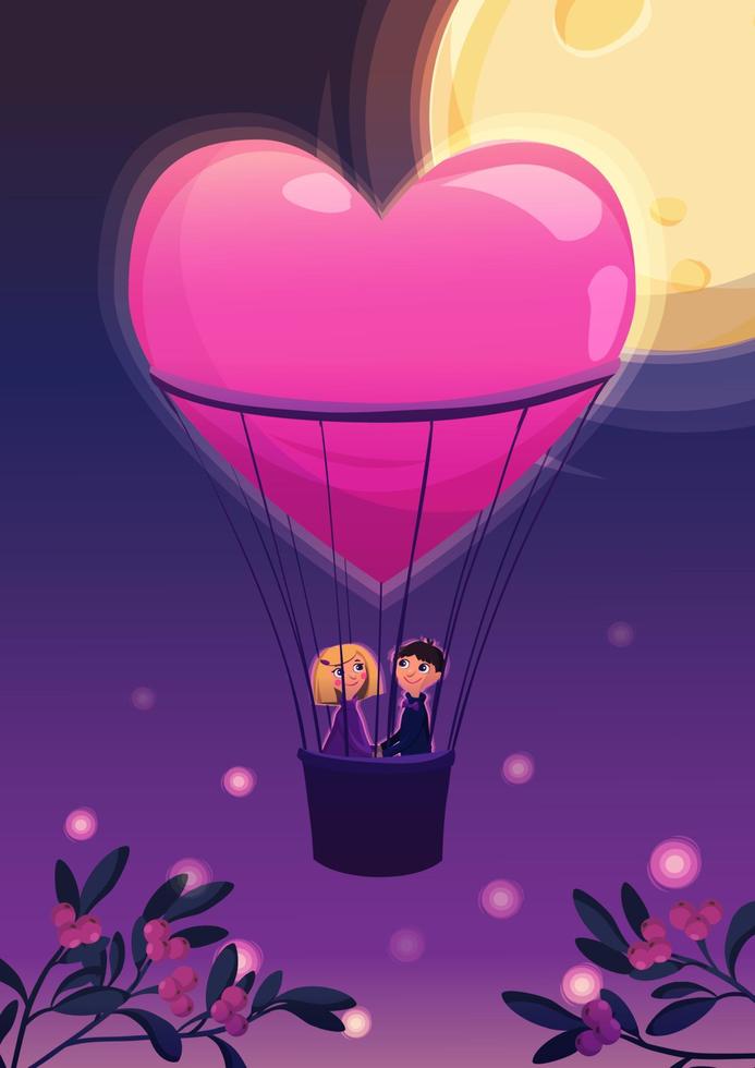 dos amantes en un globo en el fondo de la luna. vector