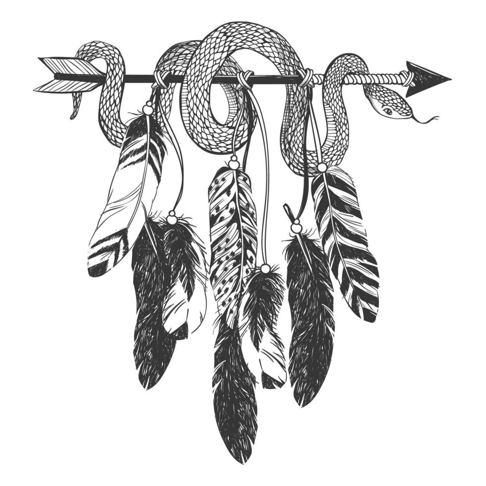 Dreamcatcher with arrow, feathers and snake. vector