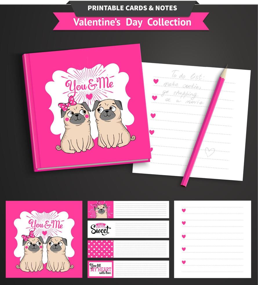 Valentines day printable set wih funny pugs. vector