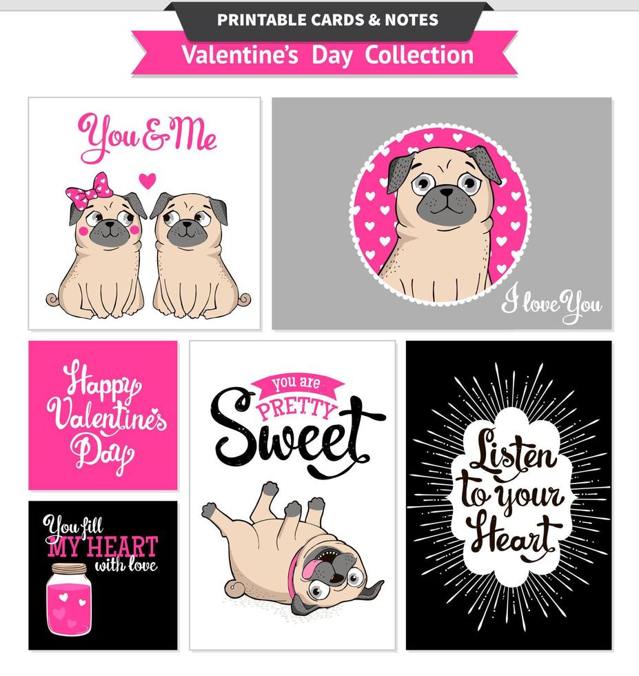 Valentines day printable set wih funny pugs. vector