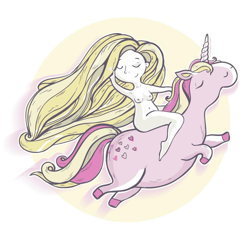 niña y unicornio mágico de dibujos animados. vector