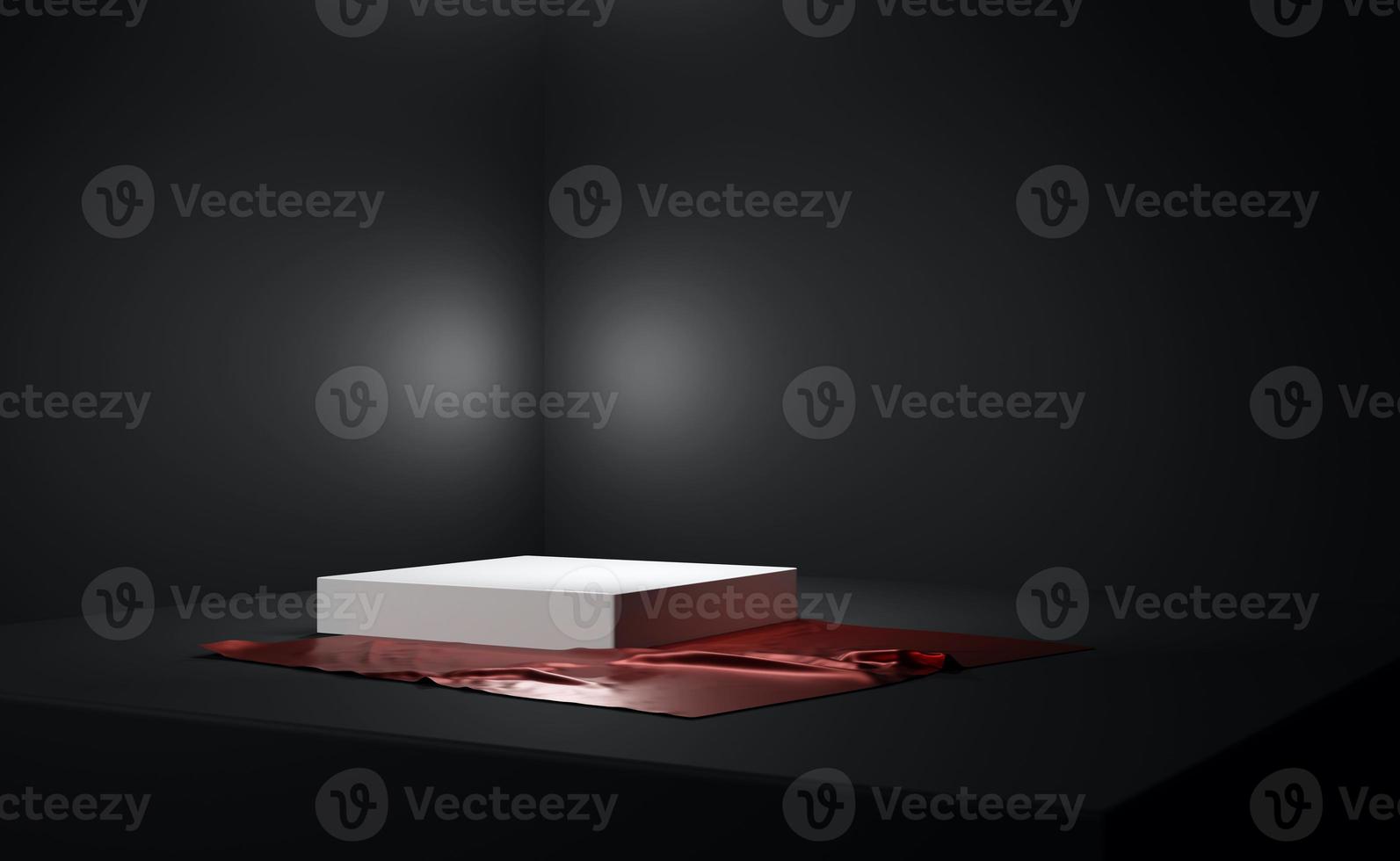 podio de esquina blanca en habitación negra. maqueta vacía para la presentación del producto. tela brillante en el piso revela el regalo. sombra y luz en la sala de exposición foto