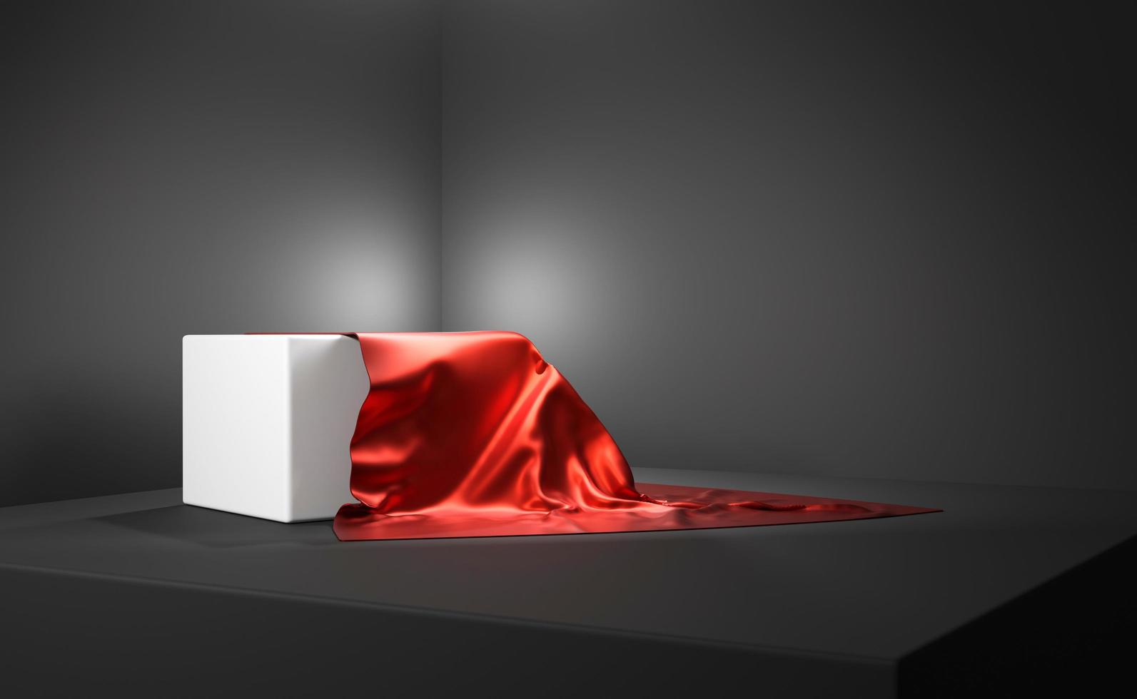 Dark room corner with gift reveals from red silk cloth. Podium for product placement. 3d render blank product display with cube stage. Mockup background with pedestal and textile gift covering photo